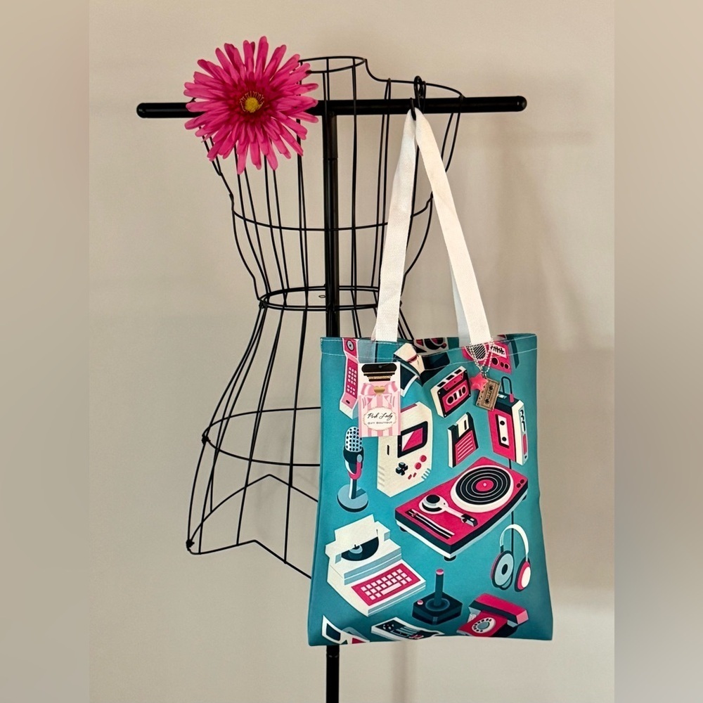 New 80s Style Retro Technology Shopping Bag Tote w/ Cassette Tape Charm - 16” - Picture 3 of 10